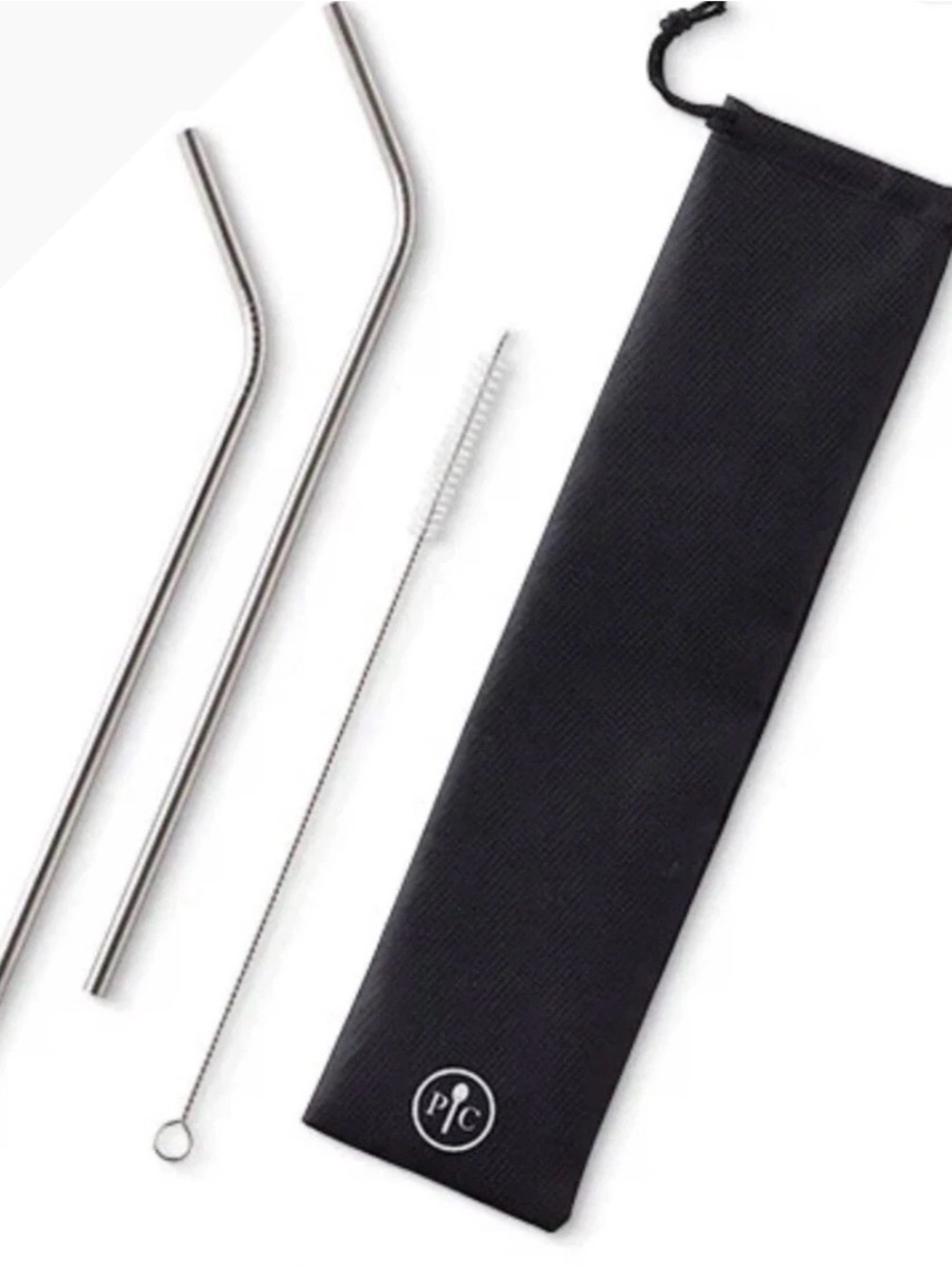 Pampered Chef Set of 9 Metal Straws Storage Bag with cleaning brush